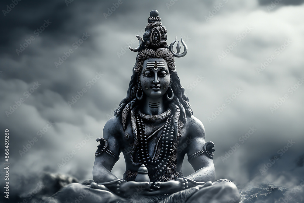 Majestic Lord Shiva statue in meditation, with calm expression, traditional ornaments, and ethereal cloudy background. Embodies spirituality, peace, and divine power. Majestic Lord Shiva statue in meditation, with calm expression, traditional ornaments, and ethereal cloudy background. Embodies spirituality, peace, and divine power.