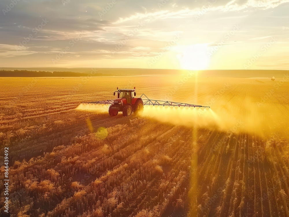 Fototapeta premium agricultural technology modern tractor sprays crops in vast field at golden hour precision farming techniques highlighted by sunlit mist and advanced equipment