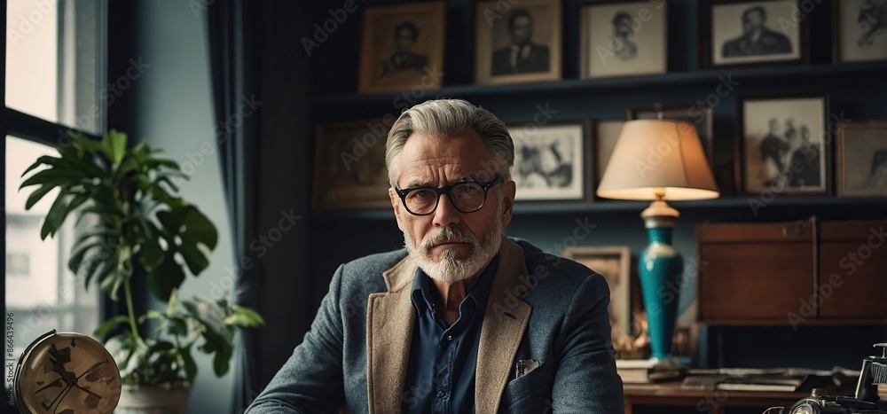 Fototapeta premium Mature man sitting on table in retro office