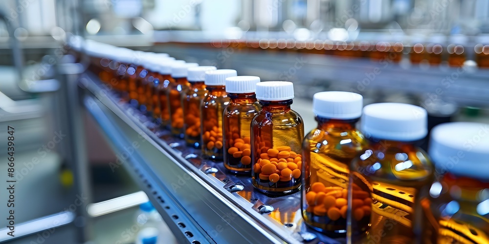 Pharmaceutical manufacturing facility showcasing rows of medicine bottles. Concept Pharmaceutical Industry, Manufacturing Facility, Medicine Bottles, Quality Control, Production Line Pharmaceutical manufacturing facility showcasing rows of medicine bottles. Concept Pharmaceutical Industry, Manufacturing Facility, Medicine Bottles, Quality Control, Production Line
