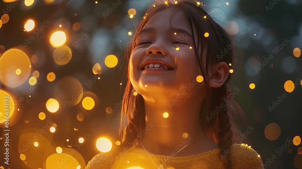 A joyful child with braided hair smiling with eyes closed, surrounded by glowing bokeh lights in a dreamy outdoor setting.