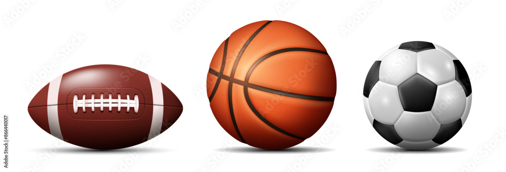 Set of balls. Soccer ball, basketball and American football. Vector 3d illustration. Set of balls. Soccer ball, basketball and American football. Vector 3d illustration.