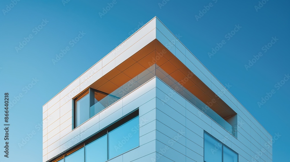 Modern Minimalist Building with Angular Design and Glass Windows Against Clear Blue Sky Modern Minimalist Building with Angular Design and Glass Windows Against Clear Blue Sky