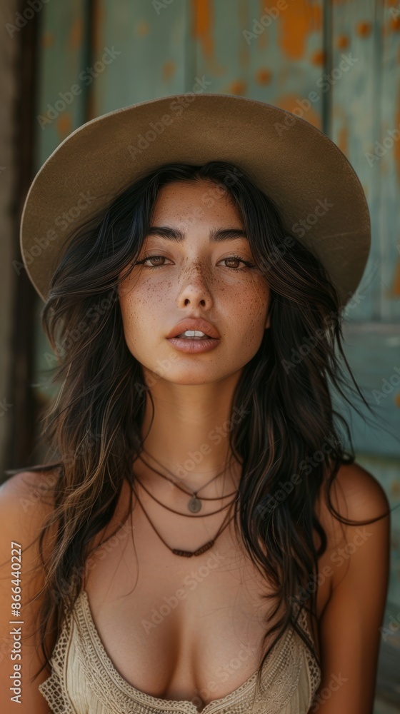 Mexican woman with a cowboy hat, looking stylish Mexican woman with a cowboy hat, looking stylish