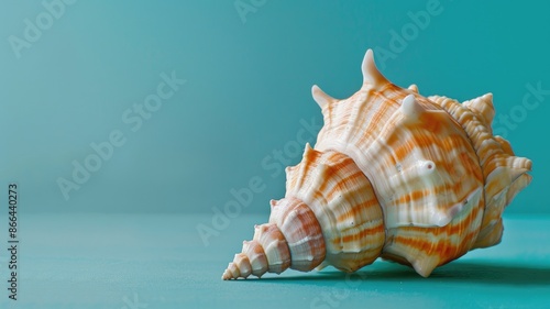 Large orange and white conch shell on aqua background photo
