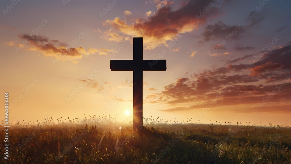 Silhouette of a Cross at Sunrise in an Autumn Meadow Silhouette of a Cross at Sunrise in an Autumn Meadow