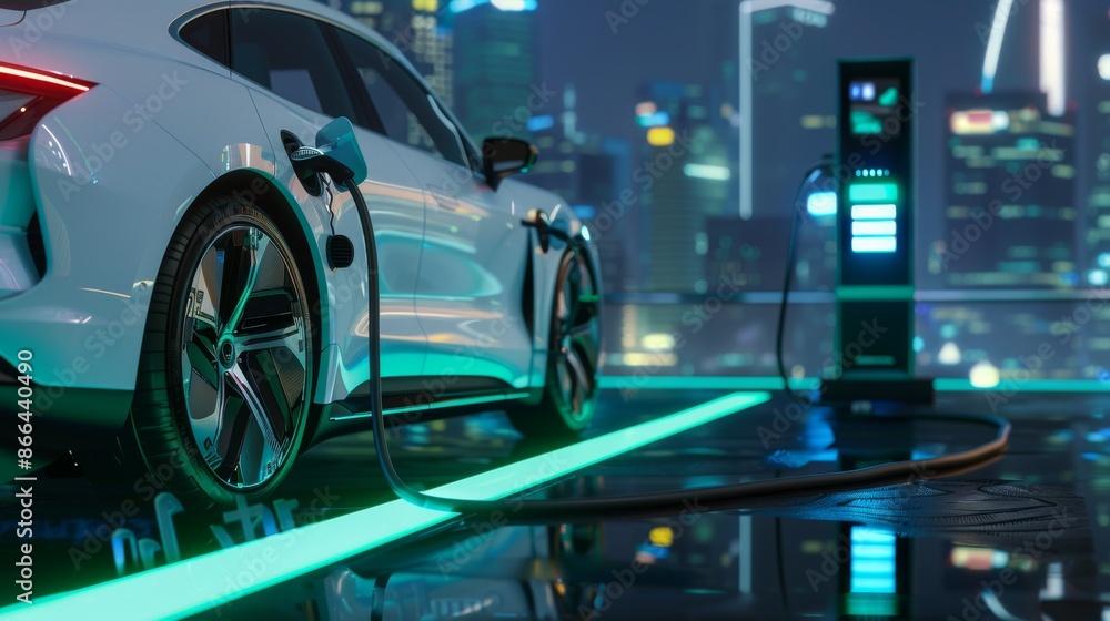 White Electric Vehicle Charging at a Modern EV Station in a Futuristic Cityscape White Electric Vehicle Charging at a Modern EV Station in a Futuristic Cityscape
