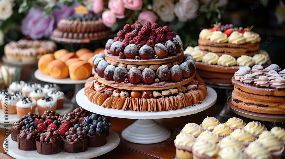 An elegant dessert buffet featuring a multi-tiered berry cake as the centerpiece surrounded by an assortment of cupcakes, pastries, and fruit-topped cakes. For celebrations and high-tea events. An elegant dessert buffet featuring a multi-tiered berry cake as the centerpiece surrounded by an assortment of cupcakes, pastries, and fruit-topped cakes. For celebrations and high-tea events.