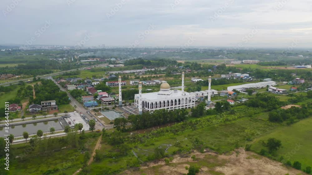 Aerial view of Songkhla Central Mosque in Hat Yai city town, Thailand. Tourist attraction landmark. Aerial view of Songkhla Central Mosque in Hat Yai city town, Thailand. Tourist attraction landmark.
