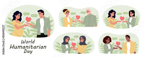 World Humanitarian Day - August 19 - horizontal banner. Volunteers hold hearts, share compassion and hope with those in need.