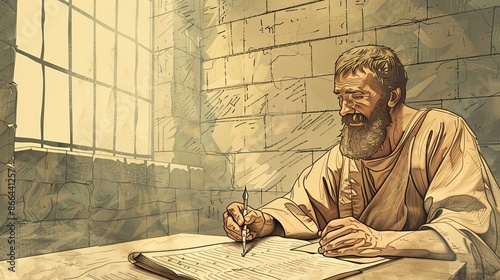 Saint Ignatius Chained, Martyrdom Scene, Roman Soldiers, Biblical Illustration, Beige Background, Copyspace