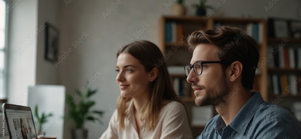 Side view of female freelancer doing video call with male colleague through laptop at home office Side view of female freelancer doing video call with male colleague through laptop at home office