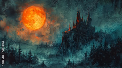 Watercolor painting of a haunted castle with a full moon, copy space banner, vintage background 