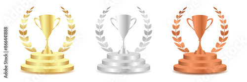 A set of awards for 1st, 2nd, 3rd place. Gold, silver, bronze. Pedestal or stage with branches for the winner, participant, hero of the day. In the middle is the winner's cup. Glowing reward. Isolated
