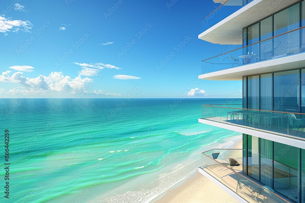 Obraz premium Scenic beach with turquoise water and clear sky featuring a modern coastal setting perfect for relaxation and enjoying the beauty of nature