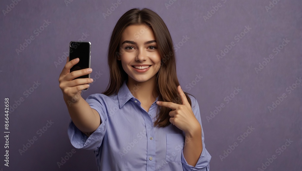 Photo of nice young girl make selfie v-sign wear shirt isolated on violet color background Photo of nice young girl make selfie v-sign wear shirt isolated on violet color background