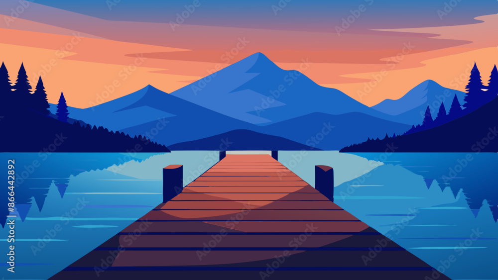 Obraz premium Vector illustration of a wooden pier overlooking a lake and mountain landscape
