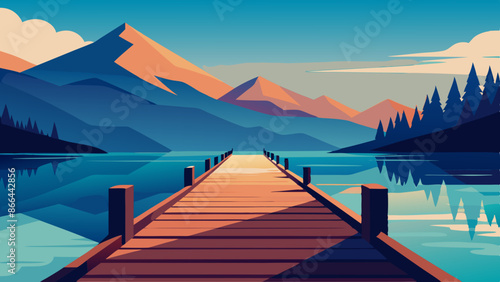 Vector illustration of a wooden pier overlooking a lake and mountain landscape