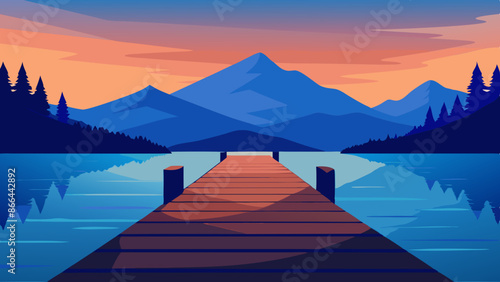 Vector illustration of a wooden pier overlooking a lake and mountain landscape