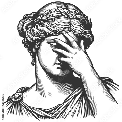 classical statue with a facepalm expression, frustration or disappointment in detailed line art sketch engraving generative ai vector illustration. Scratch board imitation. Black and white image.