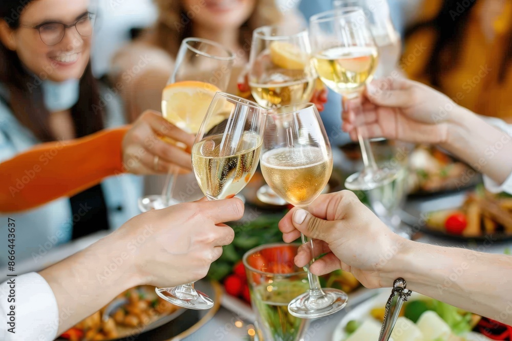 A group of friends clinking glasses of wine together in a toast, celebrating a special occasion with joy and laughter. A group of friends clinking glasses of wine together in a toast, celebrating a special occasion with joy and laughter.