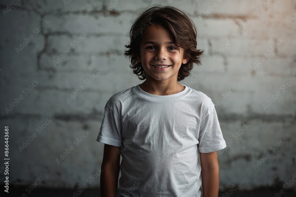 Portrait of a boy dark hair with brown eyes in a white T shirt smiling. Creative banner. Copyspace image Portrait of a boy dark hair with brown eyes in a white T shirt smiling. Creative banner. Copyspace image