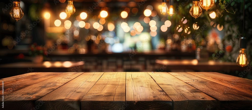 Wooden table in bar restaurant at night with blurred background bokeh, ideal for showcasing and presenting products. Perfect for mock-up. Wooden table in bar restaurant at night with blurred background bokeh, ideal for showcasing and presenting products. Perfect for mock-up.