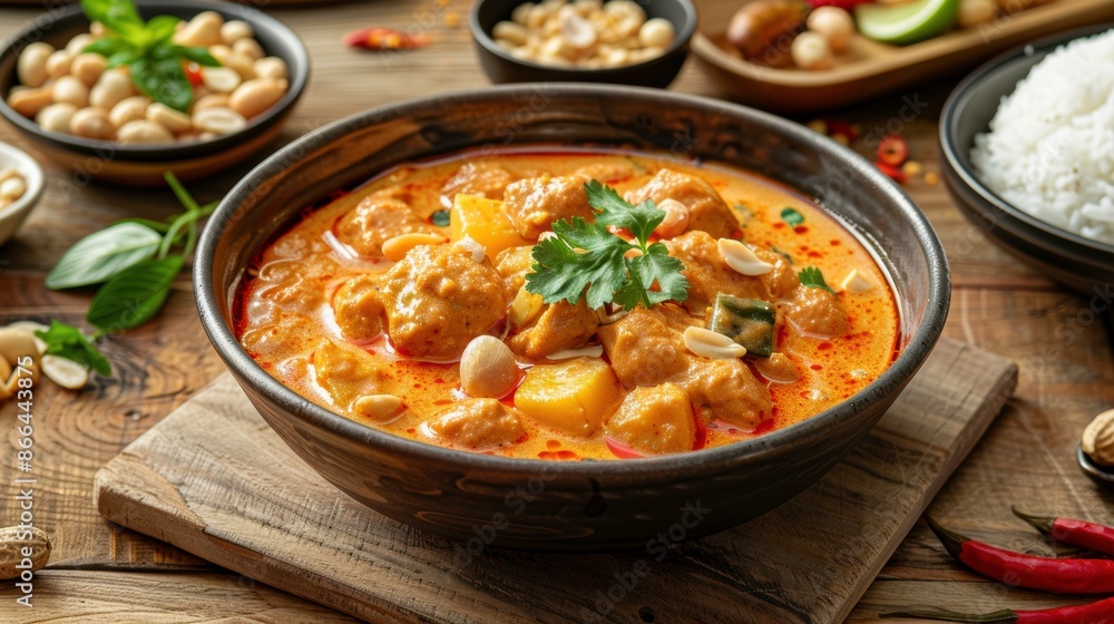 Realistic cut out of Massaman Curry, isometric style, Attractive colors, holding potatoes and peanuts, surrounded by a traditional Thai dining setting,higth detail, centered in frame Realistic cut out of Massaman Curry, isometric style, Attractive colors, holding potatoes and peanuts, surrounded by a traditional Thai dining setting,higth detail, centered in frame