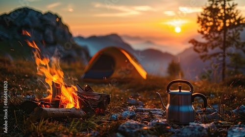 Teapot with prepared tea on a campfire, tent and sunset sky above mountains on the background, travel concept photo