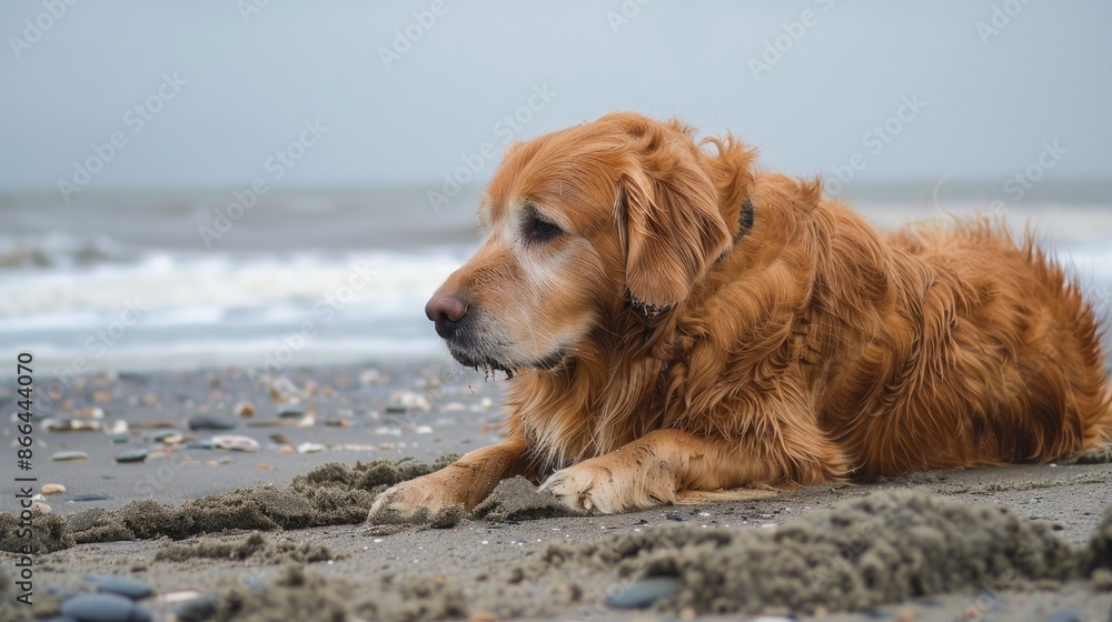 Golden retriever relaxed on beach with space for text Golden retriever relaxed on beach with space for text