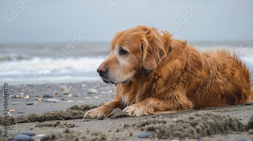 Golden retriever relaxed on beach with space for text