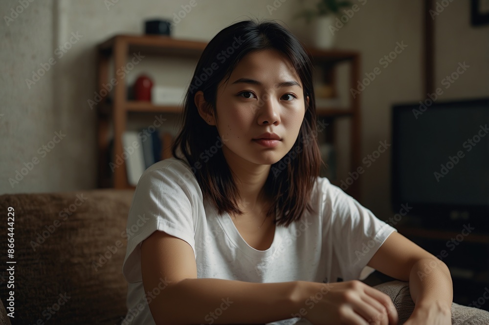 Portrait of a japanese sportswoman sitting at home and relaxing with music Portrait of a japanese sportswoman sitting at home and relaxing with music