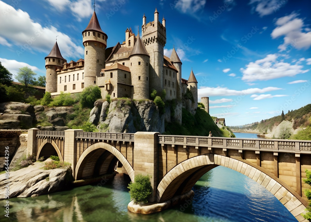 Obraz premium the road leading over the high bridge, across the river, leading to the majestic high castle