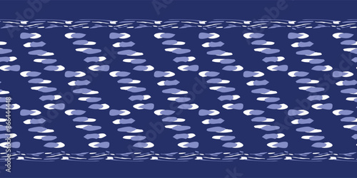 Indigo blue to dye effect abstract vector seamless border pattern . Modern masculine bold graphic bandana banner design for block print hand craft edging trim. 