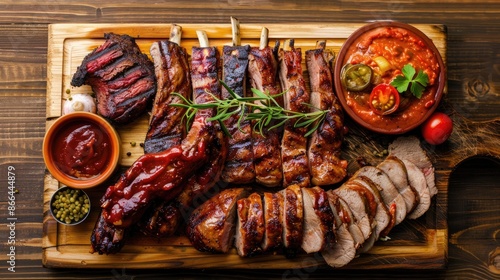 Barbecue meats presentation on wooden cutting board top view