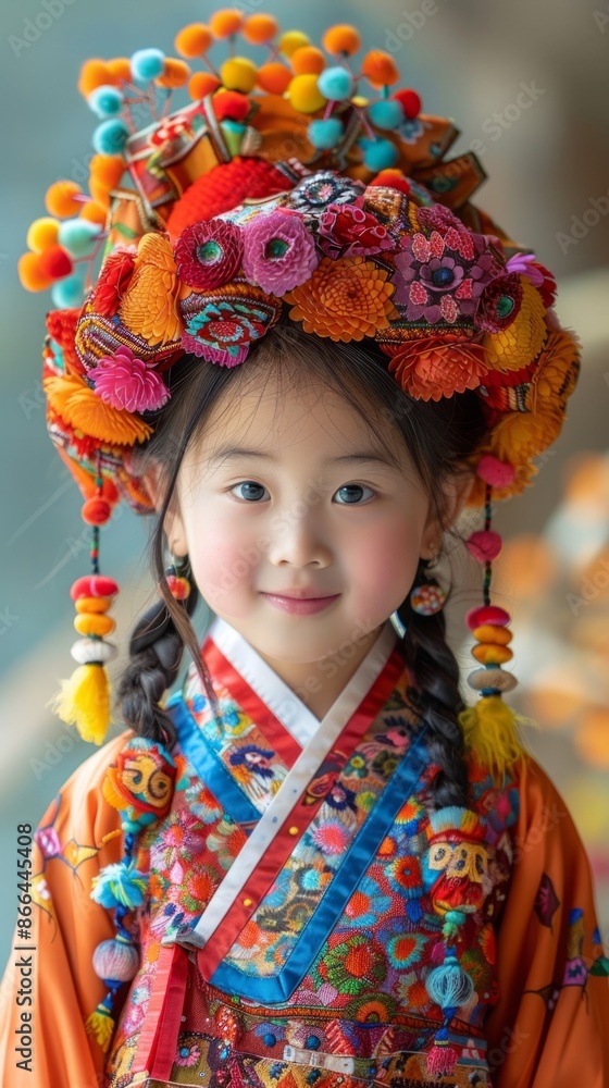 Korean child with a playful expression and a colorful outfit Korean child with a playful expression and a colorful outfit