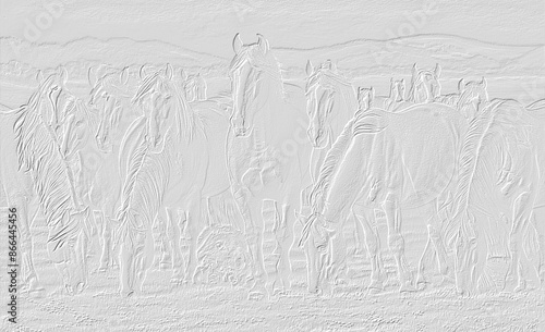 embossed image of herd of horses