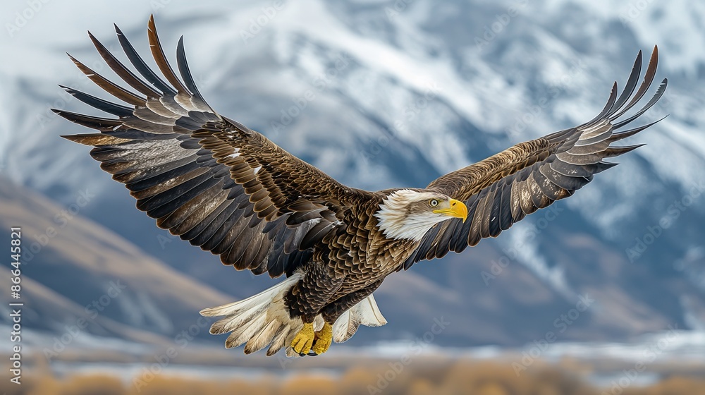 Fototapeta premium Bald Eagle in Flight Over Snowy Mountain Landscape