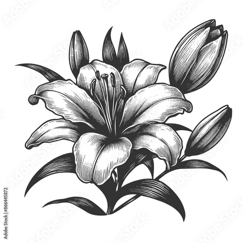 blooming lily flower detailed petals and stamen, evoking sense of elegance and simplicity sketch line art engraving generative ai vector illustration. Scratch board imitation. Black and white image.