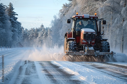 Road maintenance in winter. a tractor equipped with a spreader sprays a salt and sand mixture on the icy and snowy road. The vehicle belongs to the municipal service that melts the snow, photo