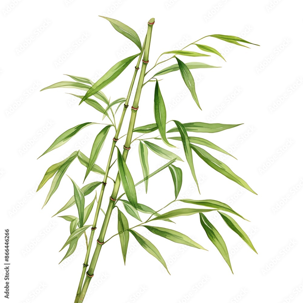 Fototapeta premium A watercolor of slender, pointed bamboo leaves in varying shades of green.