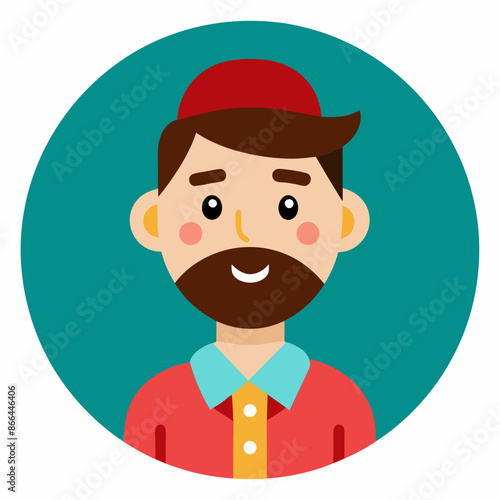 In a circle, a man with a beard and a red hat is happily smiling