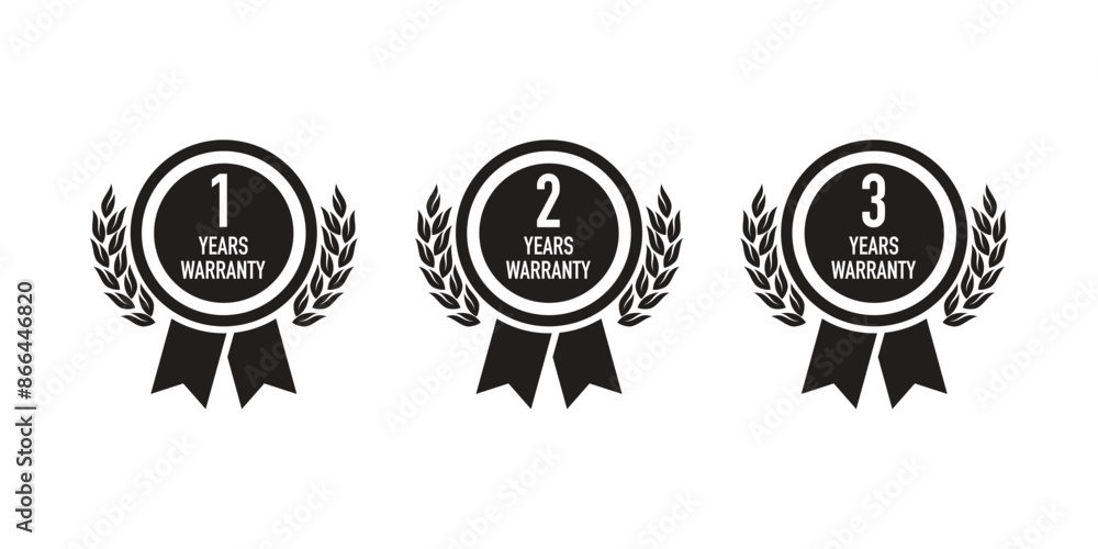 Set of warranty medal badges, one, two or three year warranty, quality certificate, warranty badge. Set of warranty medal badges, one, two or three year warranty, quality certificate, warranty badge.