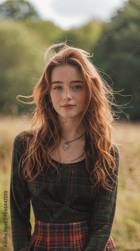 Scottish teen girl with a tartan skirt, looking happy Scottish teen girl with a tartan skirt, looking happy