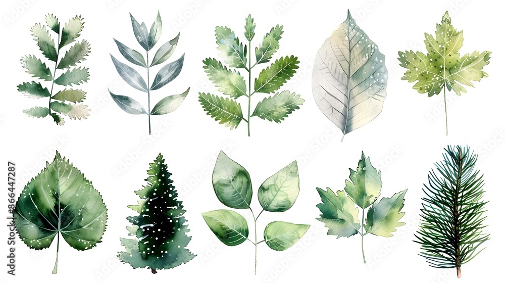 Elegant Alpine Watercolor Leaf Set with Pine Tree Elements on White Background Elegant Alpine Watercolor Leaf Set with Pine Tree Elements on White Background