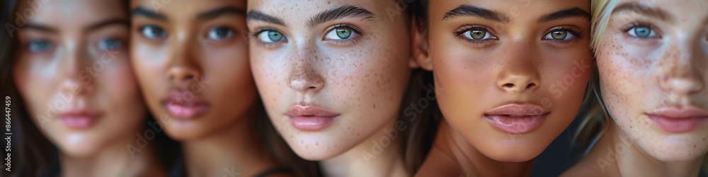 Beautiful diverse woman. Face shot of multiple women of all races. Banner with girls of different ethnicity and skin color. Diversity, Unity, skincare, cosmetics, youth, women day Beautiful diverse woman. Face shot of multiple women of all races. Banner with girls of different ethnicity and skin color. Diversity, Unity, skincare, cosmetics, youth, women day