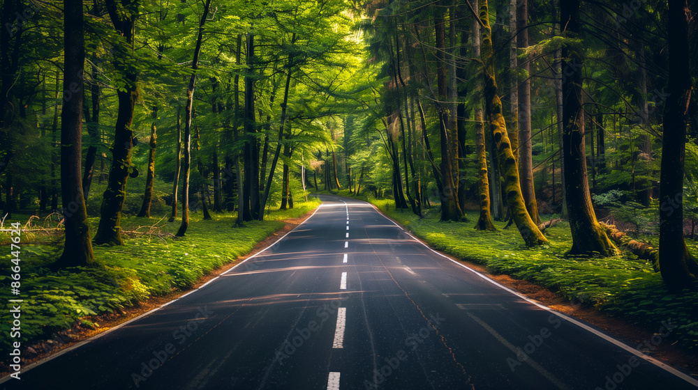 Fototapeta premium Scenic road in the forest with trees on both sides