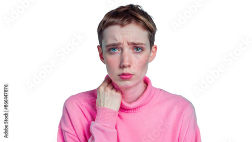 Person feeling nauseous holding neck, expressing discomfort on transparent background