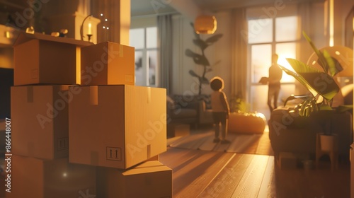 Family packing boxes in a cozy living room, warm lighting, over-the-shoulder view, photorealistic detail photo