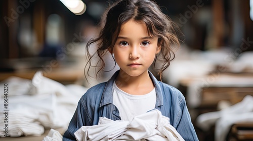 Small Asian girl portrait with blurred textile factory background, Illegal child labour photo